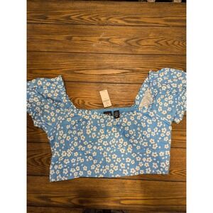 Gap Puff Sleeve Crop Top Womens Size L Blue Floral Smocked Y2K 90s NWT